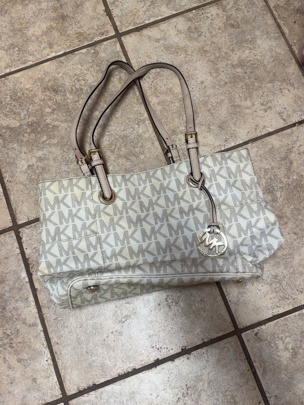 Michael Kors Cream and Light Gray MK Logo Tote